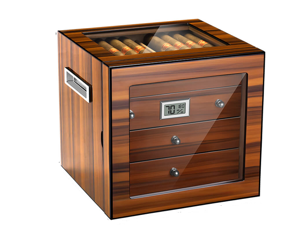 1867 Cigar Humidor Brown With Glass, 4 Drawers & Digital Hygrometer 40-60 Cigars